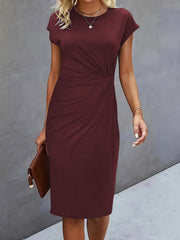 Women's Casual Tight Front Knot Round Neck Midi Dress
