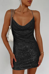 Cowl Neck Contrast Sequin Sleeveless Mini Dress - Taboochic