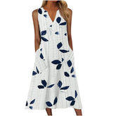 Women's Casual Leaf Waist V-neck Midi Sleeveless Dress