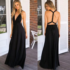 V-neck Women Cross Strap Beauty Back Design Sleeveless Party Maxi Dress