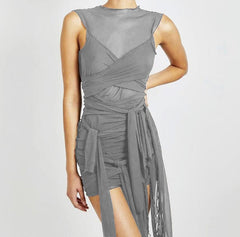Kliou Ribbons Mesh See Through Bodycon Party Clubwear Mini Dress