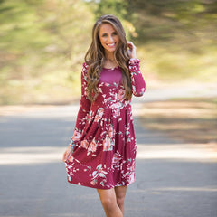 Elegant Floral A-line Long Sleeve High Waist O-neck Dress