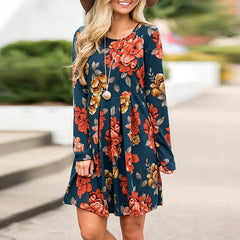 Elegant Floral A-line Long Sleeve High Waist O-neck Dress
