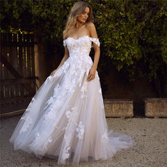 Off The Shoulder Appliques A-Line Princess Wedding Gown Bridal Dress