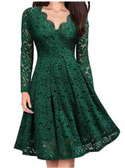 Women Dresses V-Neck Off Shoulder Lace Long Sleeve Evening Party Dress