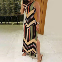 Colorful Striped Print Side Slit Maxi Dress