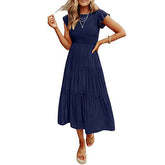 Holiday Style High Waist Ruffled Sleeve A-line Short Sleeve Midi Dress