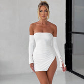 Women's Shoulder-baring Wrapped Chest Split Hip Mini Dress