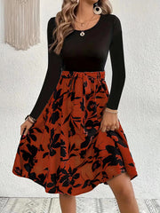 Floral Print Long Sleeve Dress Fashion Round Neck Tie Slim Dress