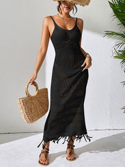 Cutout Sling Slim-fit Tassel Beach Sleeveless Knitted V-neck Strap Dress