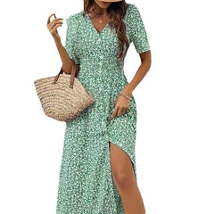 Summer New V-neck Printed Short Sleeve Split Dress