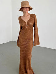 Solid Color Knitted Hollow-out Blouse Sun-proof Long Sleeve Dress