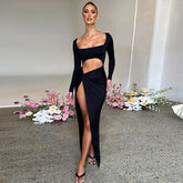 Fashion Hollow U-neck Split Party Long Sleeve Dress