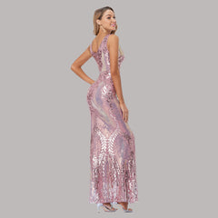 Women's Fashionable Sequin High Waist Sleeveless V-Neck Evening Gown