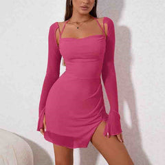 Women's Solid Color Backless Hanging Neck Halter Mini Dress