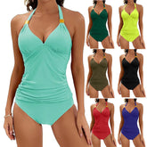 2pcs Solid Color Neck Bikini Swimsuit