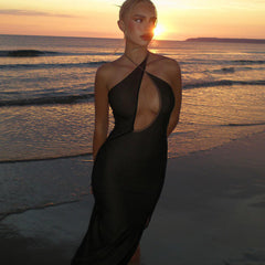 Sexy Hollow Mesh Lace-up Slim Slit Sleeveless Dress