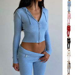 Hoodie Suit Women Leisure Sexy Zip Sweater And High Waist Pajama Set