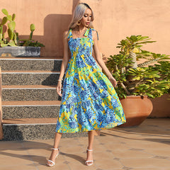 Women's Seaside Vacation Sling Chiffon Big Swing Midi Dress