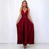 Deep V-neck Sleeveless Lace-up Sexy Backless High Waist Large Swing Satin Dress