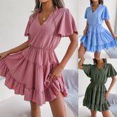 Female Flounced Skirt Ribbon Big Hem A- Line Skirt Solid Color Short Sleeve Mini Dress