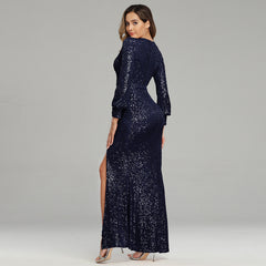 Fantasy Celebrity Sexy High Slit Long Sleeve Sequined Banquet Evening Party Dress