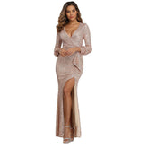 Fantasy Celebrity Sexy High Slit Long Sleeve Sequined Banquet Evening Party Dress