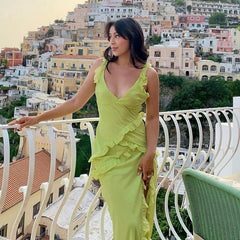 Women's Shrinking Pleated Fluttering Straps V-Neck Dress