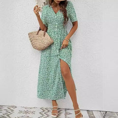 Summer New V-neck Printed Short Sleeve Split Dress