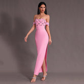 Off-shoulder Sexy Colorful Crystal Diamond Split Tight Stretch Dress