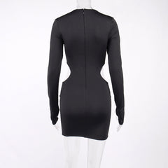 Fashion Solid Color Hollow Out Waist Bag Hip Long Sleeve Dress