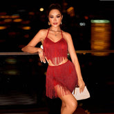 Women's Pure Color Halter Lace-up Tassel High Waist Suspender top and bottom set