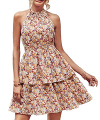 Summer Printed Halter Dress Fashion Boho Backless Ruffled A-Line Beach Dress