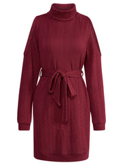 Women's Casual Solid Color Round Neck Shoulder Hollow Waist Long Sleeve Dress