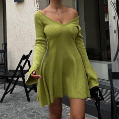 Sexy Slim V-Neck Long Sleeve Knitted Mini Dress