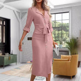 Women's Solid Color Polo Collar Lace-up Waist Long Dress