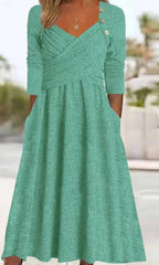 Women's Casual Loose Cross Button Solid Color Long Sleeve Dress