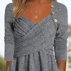 Women's Casual Loose Cross Button Solid Color Long Sleeve Dress