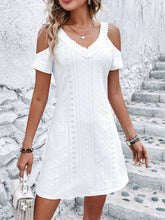 Eyelet V-Neck Cold Shoulder Mini Dress - Taboochic