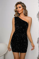 Sequin Lace-Up One-Shoulder Bodycon Dress - Taboochic