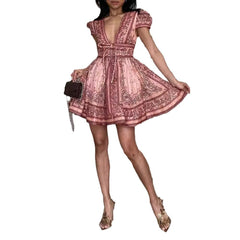 Women's V-neck Printed Short Sleeve Lace-up Mini Dress