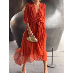 Batwing Sleeve V-neck half sleeve Midi Dress