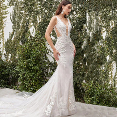 Women's V Neck Wedding Lace Dress