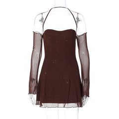 Fashion Elegant Halter Spaghetti Straps Mesh Stitching Fine Glitter Dress