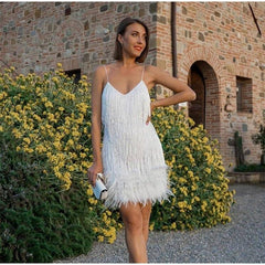 V-neck Strap Feather Stitching Party Mini Dress