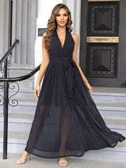 Halter Neck Tie Front Sheer Mesh Dress - Taboochic
