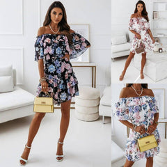 Women's Fashion Casual Off-neck Chiffon Printed Waist Mini Short Sleeve Dress