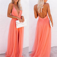 Women's Fashionable Elegant Orange Suspender Gauze Strap Dress