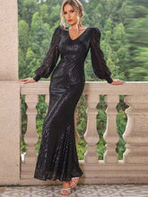 Sequin V-Neck Lantern Sleeve Maxi Dress - Taboochic