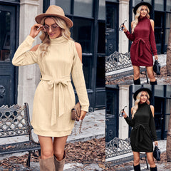 Women's Casual Solid Color Round Neck Shoulder Hollow Waist Long Sleeve Dress